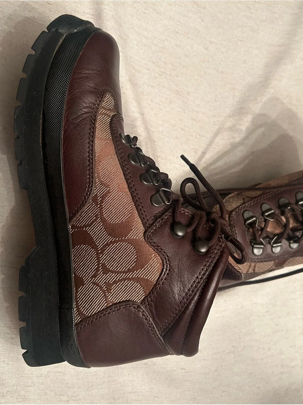 COACH Brown Leather & Fabric Hiking Boots-Very Good Used Condition